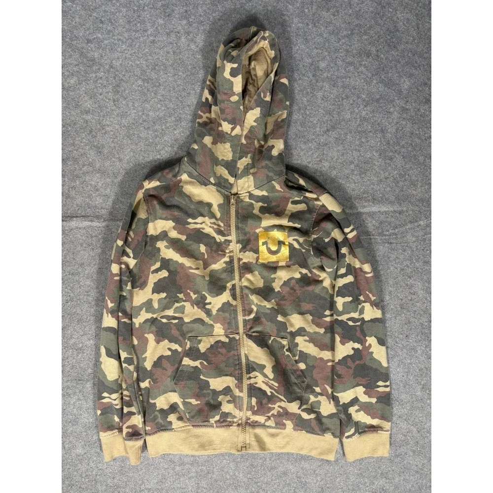 True Religion Mens Camo Full Zip Hoodie Gold Horseshoe Logo‎ Green Brown Medium